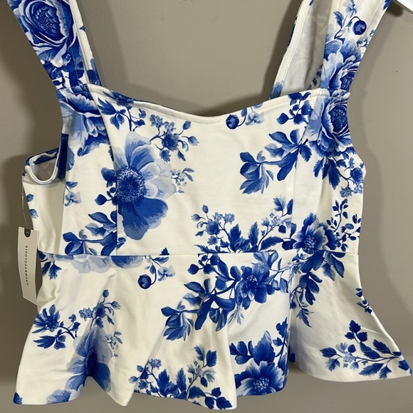 Anthropologie Maeve Square Neck Peplum Tank Top Blue White Pattern Sz S NEW - Picture 5 of 13